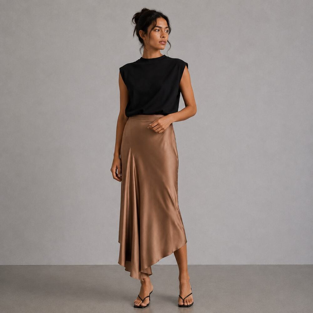 Brunello Cucinelli Satin Asymmetric Midi Skirt Womens 6 Beige Casual Flattering